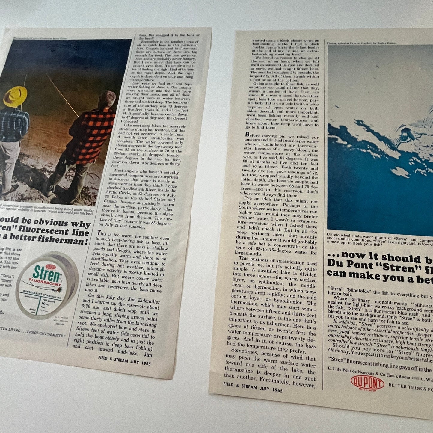 Du Pont Siren Fluorescent Fishing Line 2 Page Ad 1965 Magazine Ad AG6