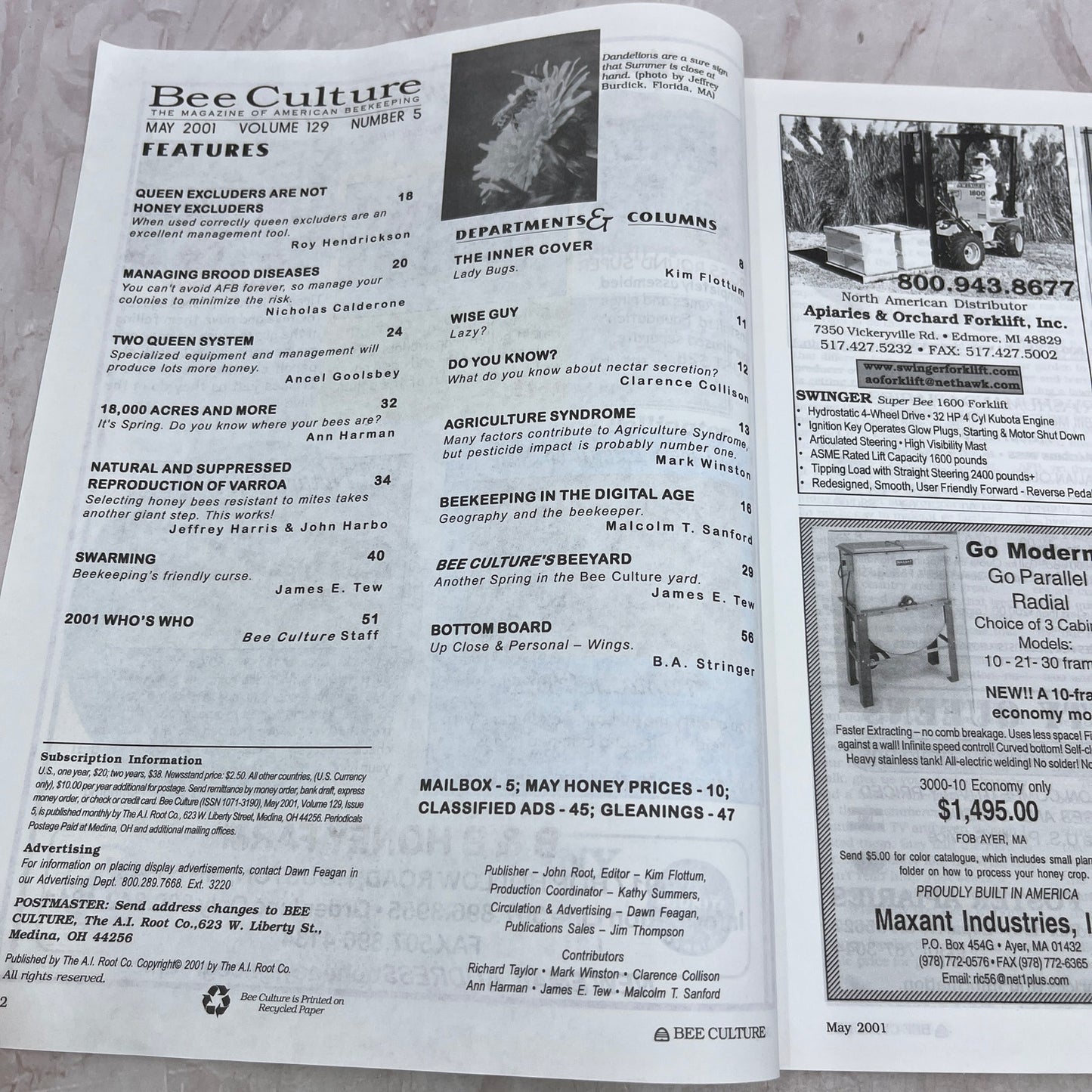 2001 May - Gleanings in Bee Culture Magazine - Bees Beekeeping Honey M32