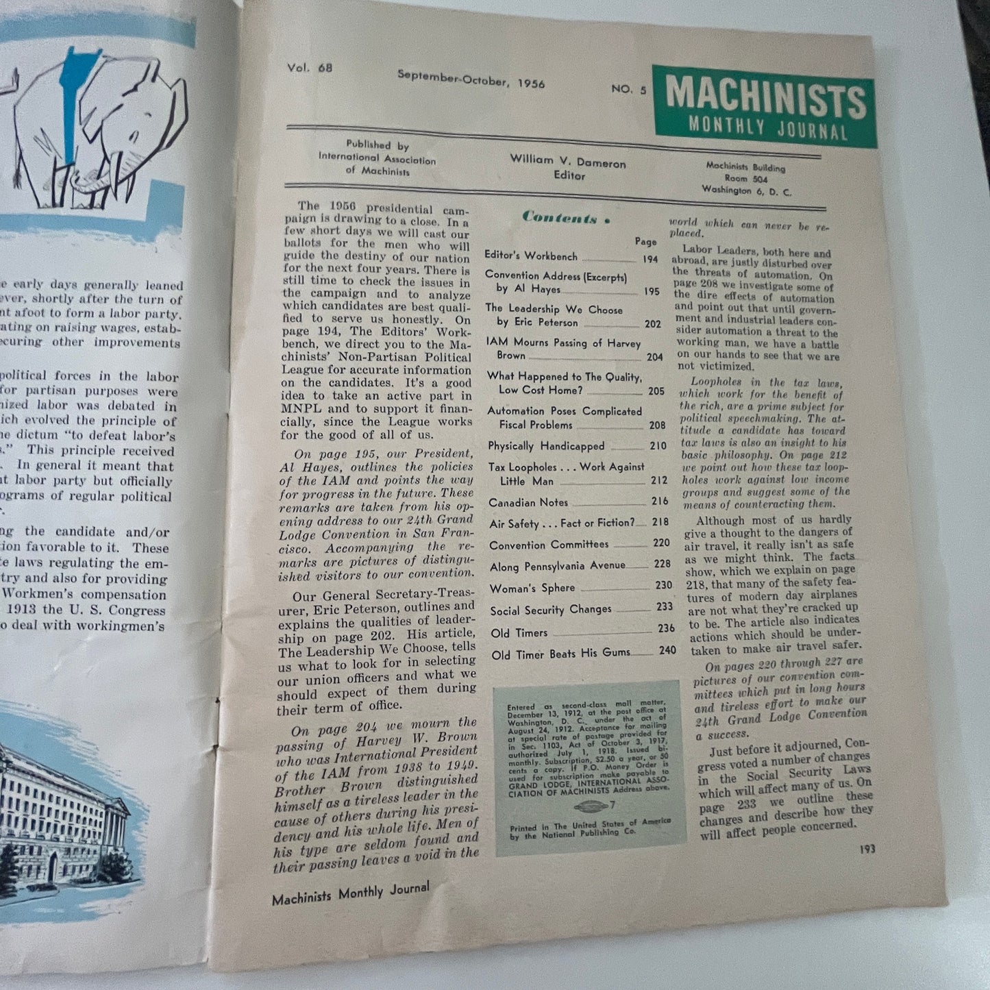 1956 Machinists Monthly Journal Sept-Oct Magazine William V. Dameron J18