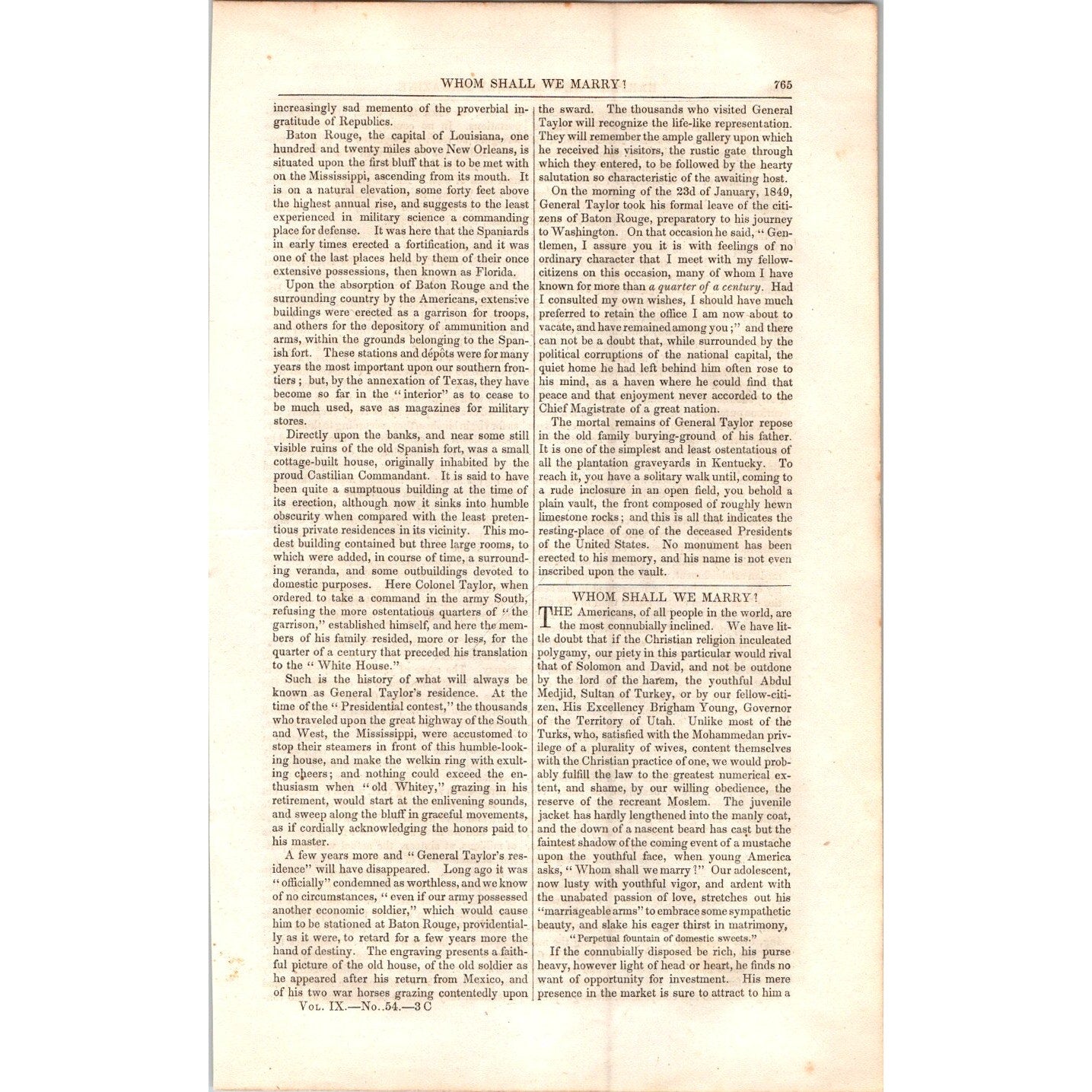 General Taylor's Residence at Baton Rouge LA 2 Pages 1854 Article I19