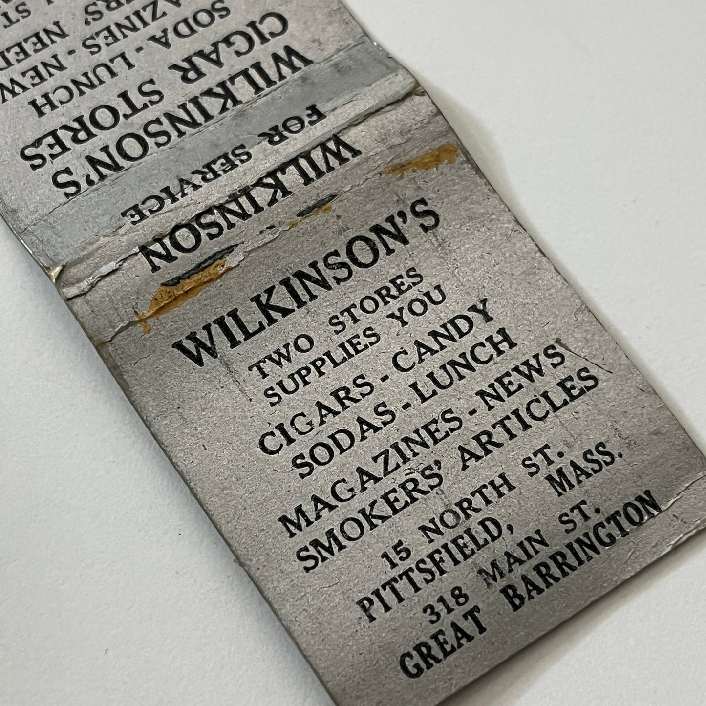 Wilkinson's Cigar Stores Pittsfield Great Barrington Matchbook Cover TB6-MB1-13