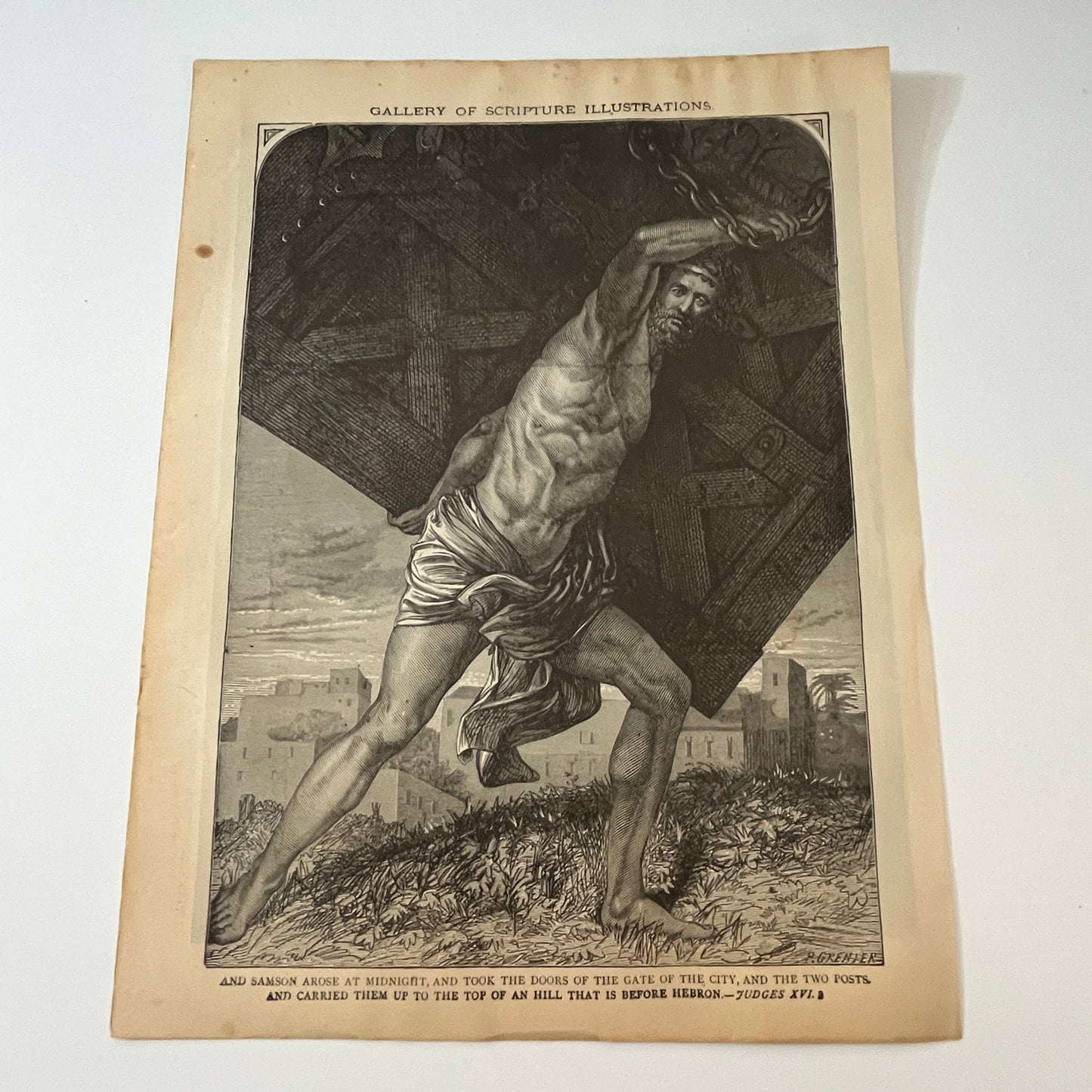 Joshua X 12 and Judges XVI 1892 Bible Engraving SV1-6