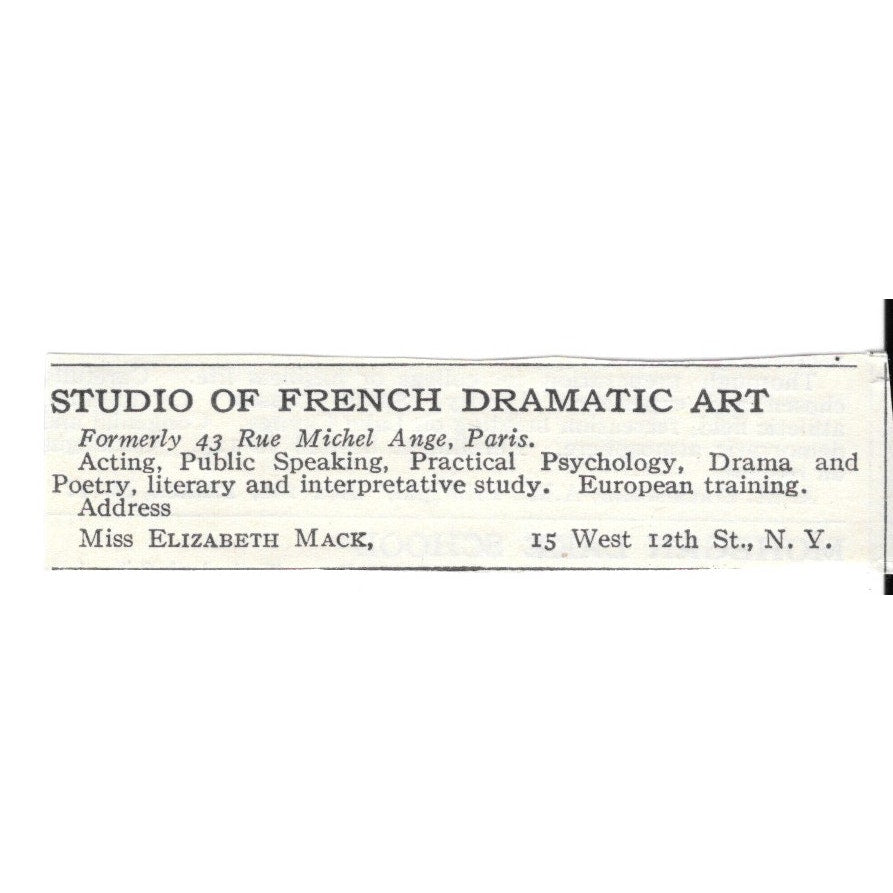 Studio of French Dramatic Art 15 W 12th St, NY Ms Elizabeth Mack 1920 Ad SAG4-S5