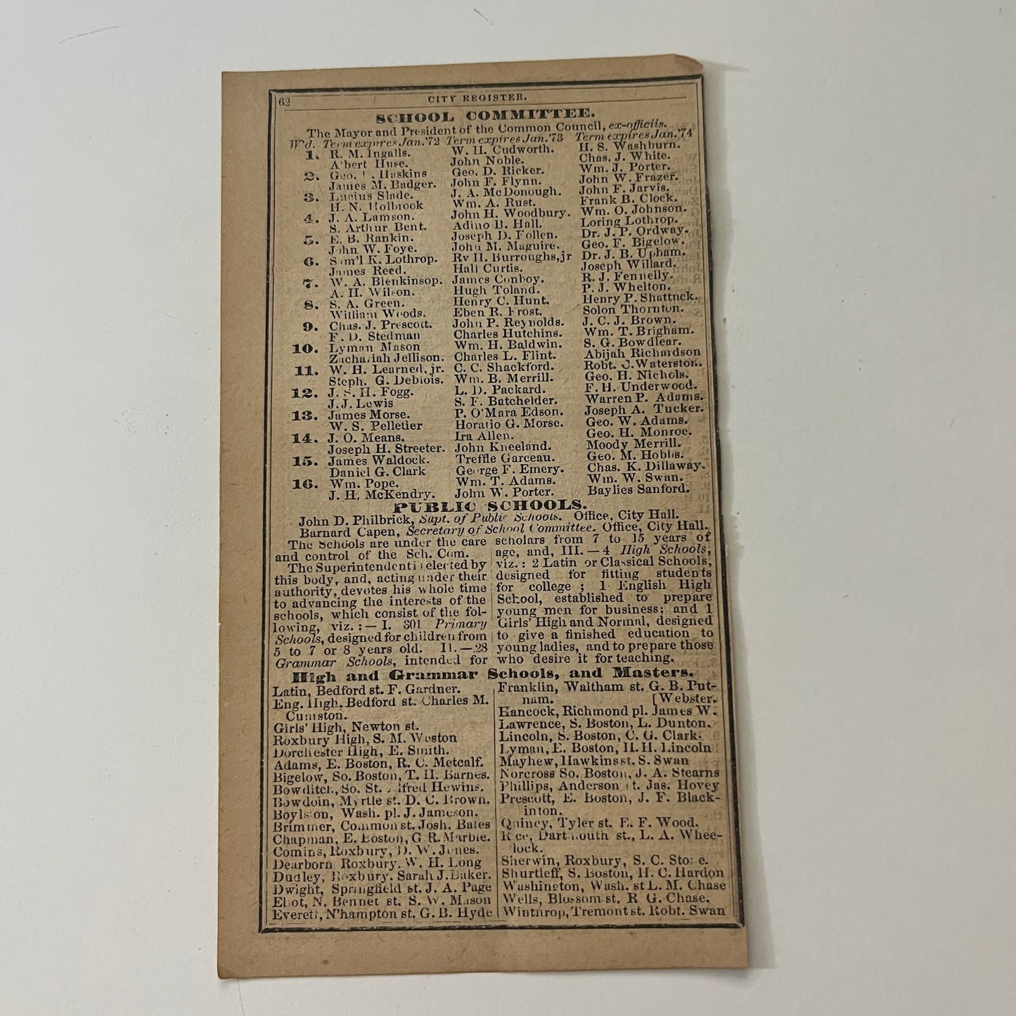 Boston School Committee Listings 1871 Boston Almanac Clipping SAI2-H4
