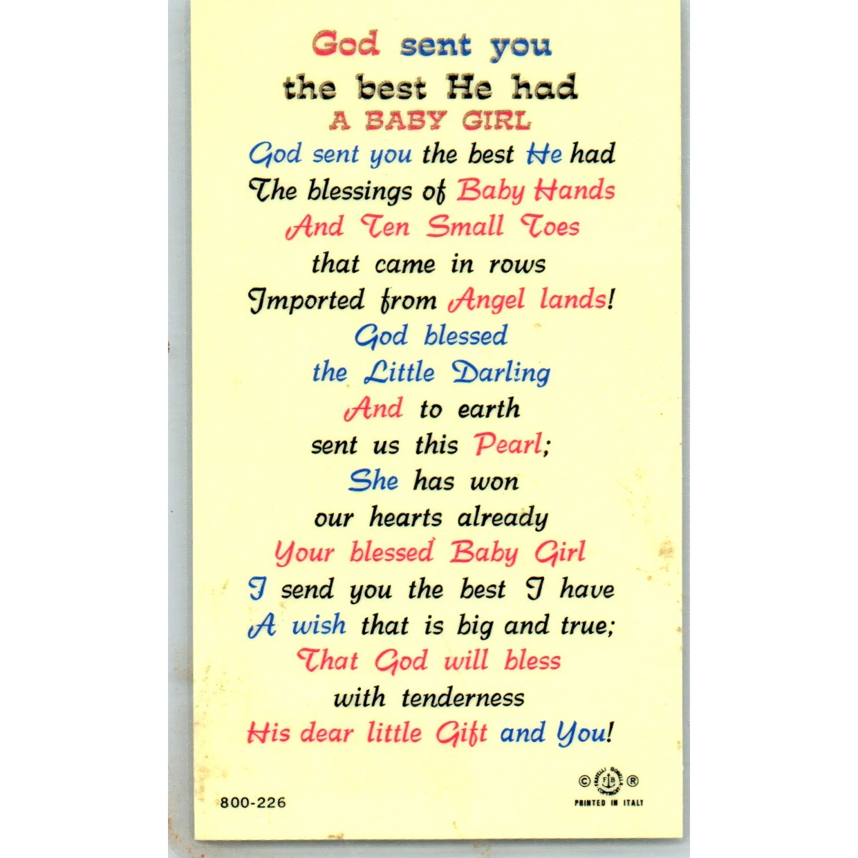 Laminated New Baby Girl Vintage Catholic Prayer Card TH2-PC1