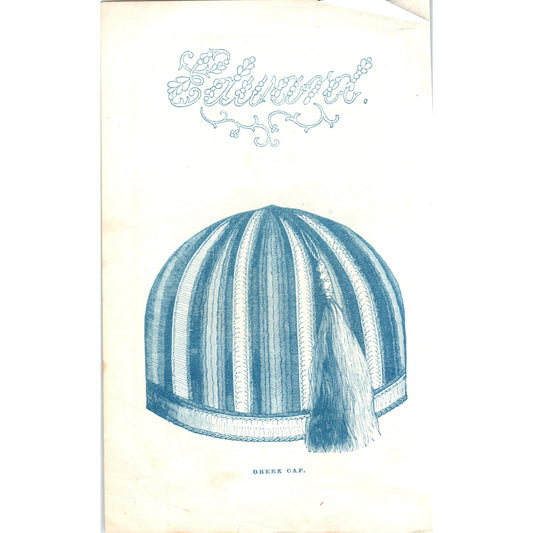 Pre-Civil War Fashion Greek Cap Hand Tinted 1857 Original Engraving D19-5