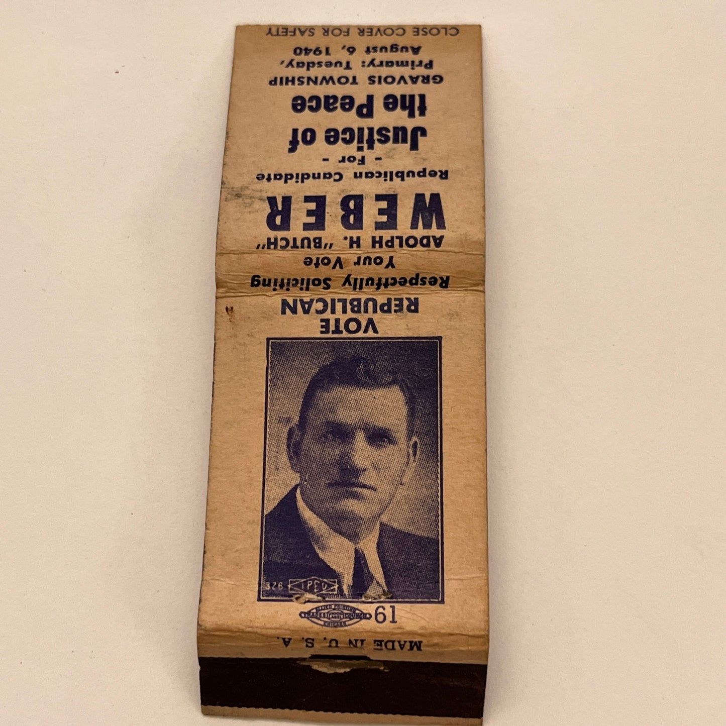 Vote Adolph H. Weber Justice of the Peace Gravois Twp 1940 Matchbook TB6-MB2-15
