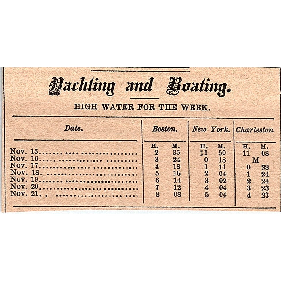 Yachting & Boating High Water for the Week Nov 15, 1878 Article AG2-M8