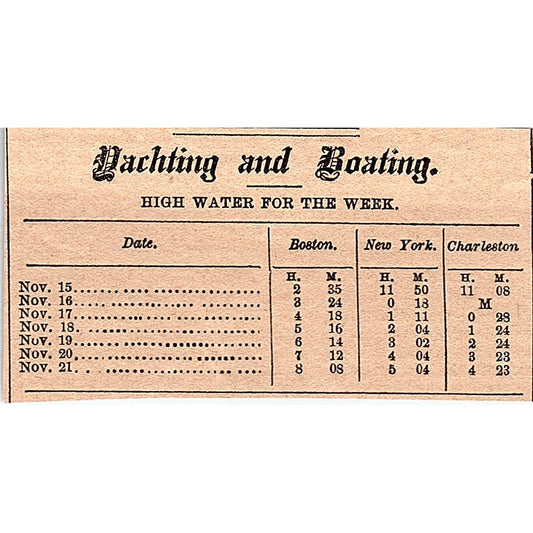 Yachting & Boating High Water for the Week Nov 15, 1878 Article AG2-M8
