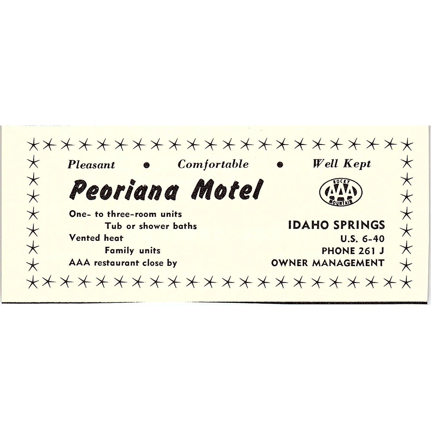 Peoriana Motel Idaho Springs CO 1958 Ad AG1-M2
