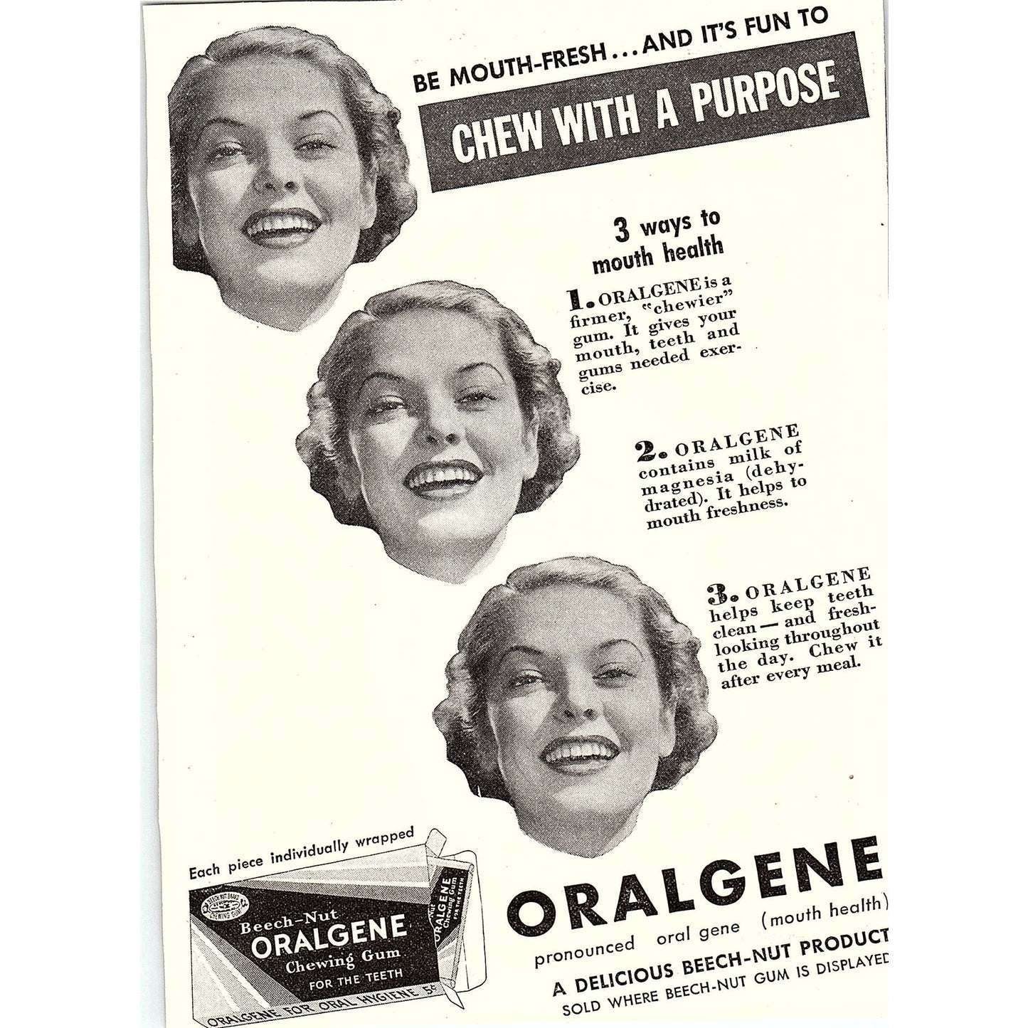Oralgene A Delicious Beech-Nut Product - Chew with a purpose 1937 Ad SAG4-3