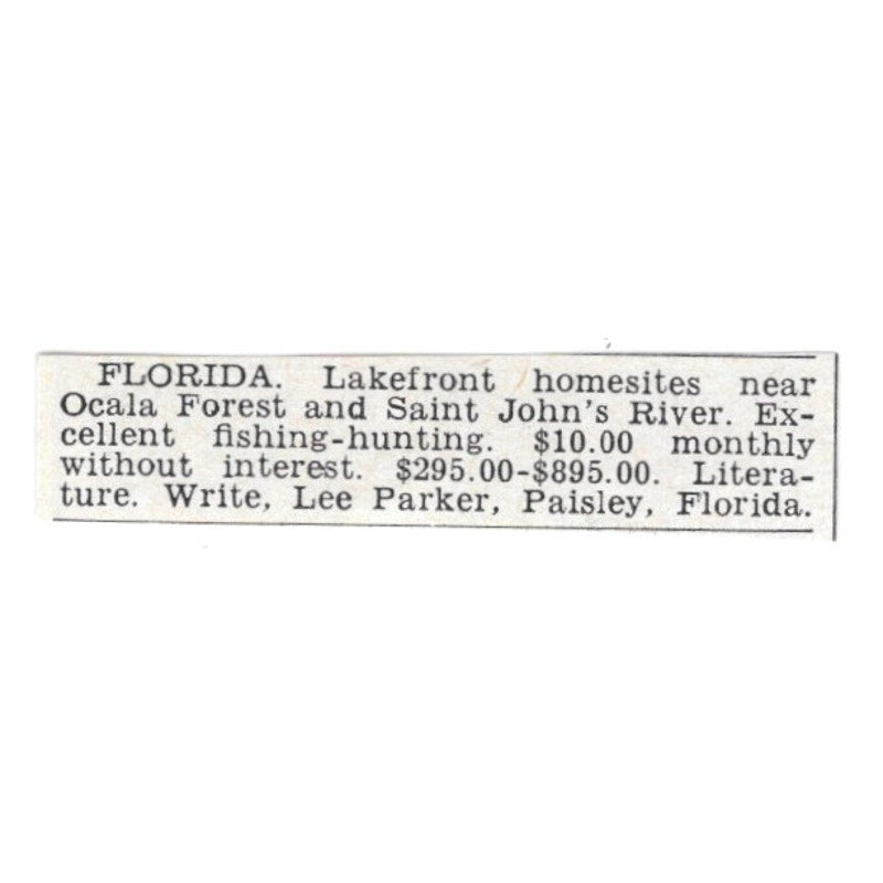 Florida Lakefront Homesites Ocala Forest Lee Parker Paisley FL 1955 Ad AG1-S4