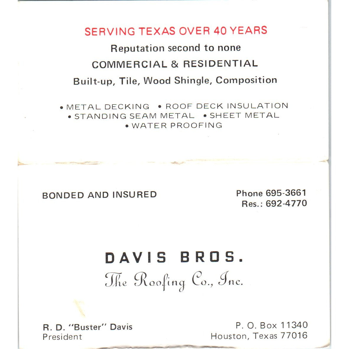 Davis Bros Roofing Co R.D. Buster Davis Houston TX Vintage Business Card SD8-B14