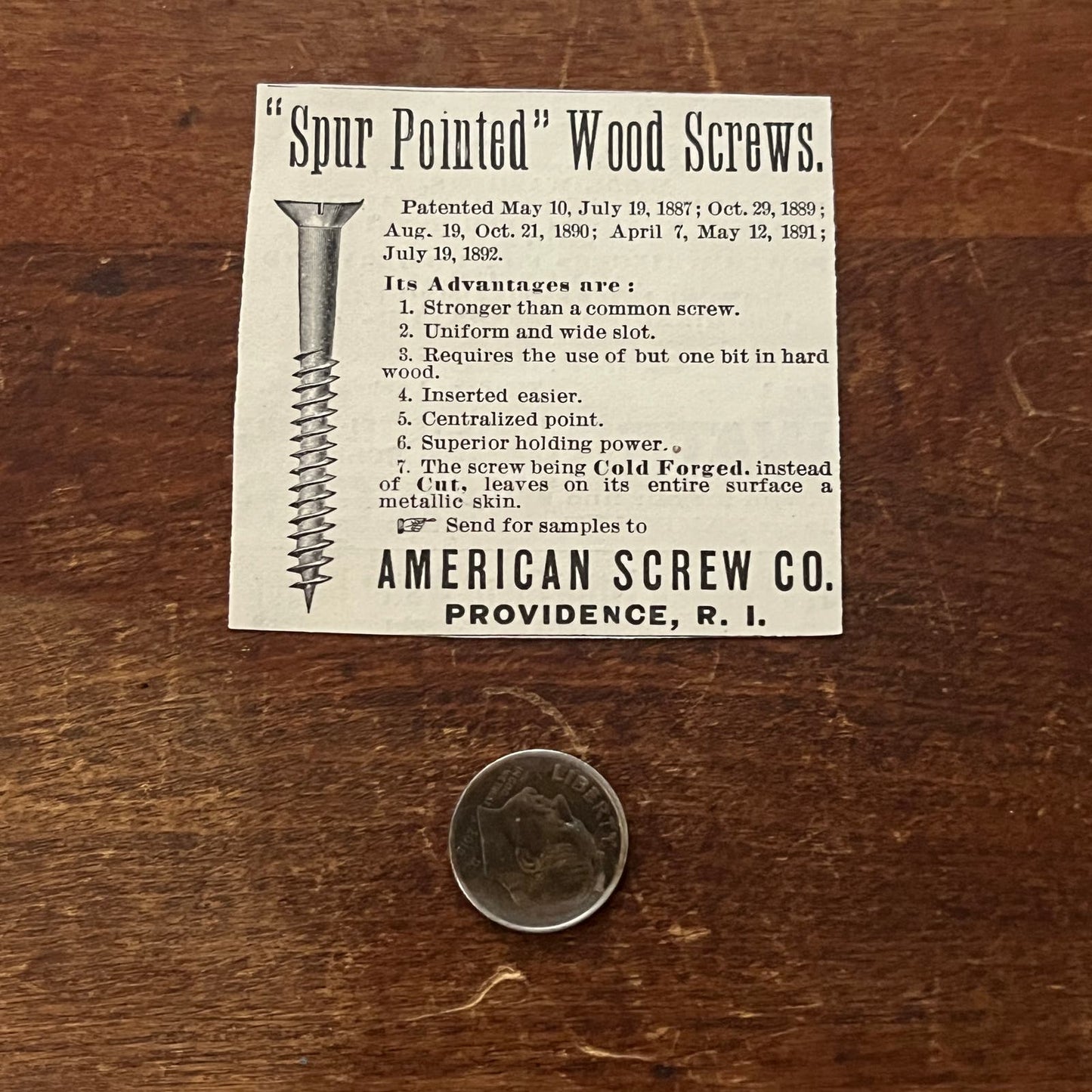 American Screw Co Spur Pointed Wood Screws Providence RI Advertisement AD8-P29