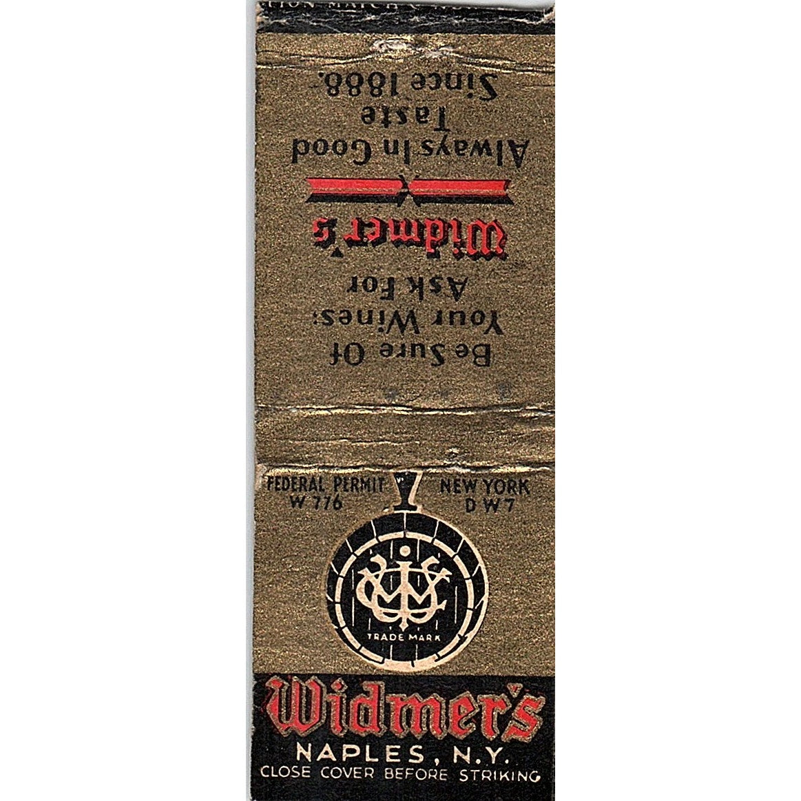 Widmer's Naples New York Vintage Matchbook Cover SF3-Y3