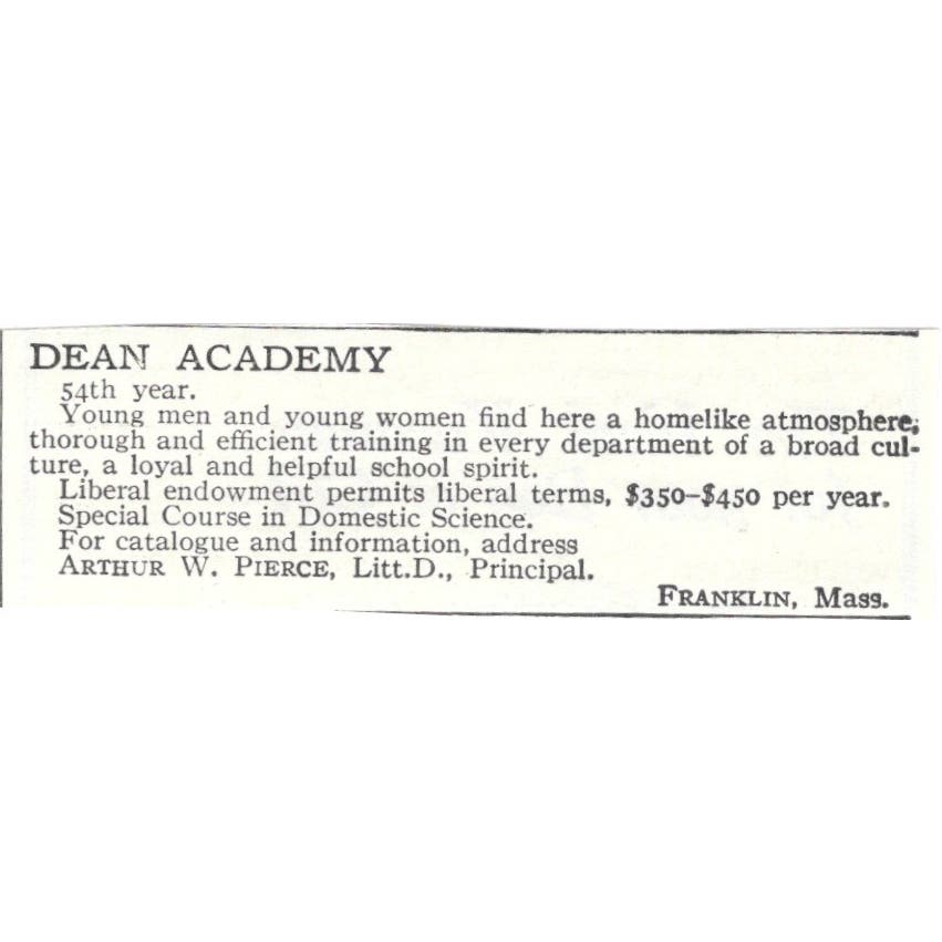 Dean Academy Arthur W. Pierce Franklin MA c1918 Original Advertisement AE5-SA10