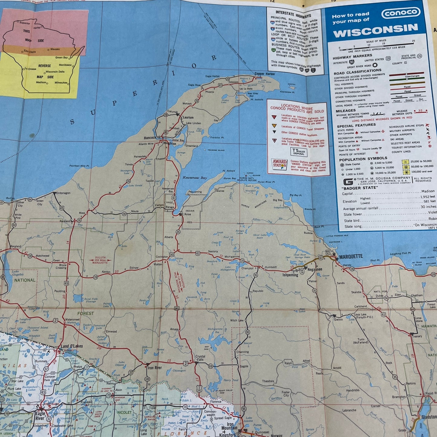 1970 Conoco Touraide Road Map of Wisconsin Fold Out Map TH2-MP2