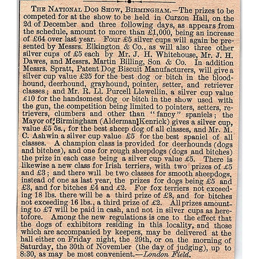 Dec 1878 National Dog Show Birmingham Curzon Hall 1878 Article AG2-H3