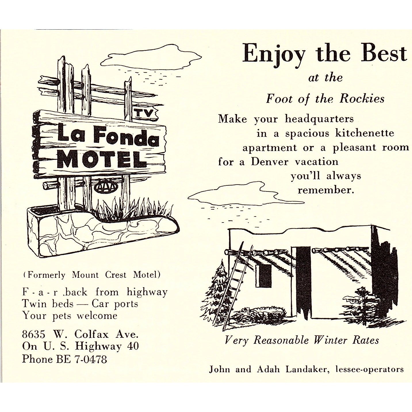 La Fonda Motel John & Ada Landaker, Golden Hours Motel Denver CO 1958 Ad AG1-H1