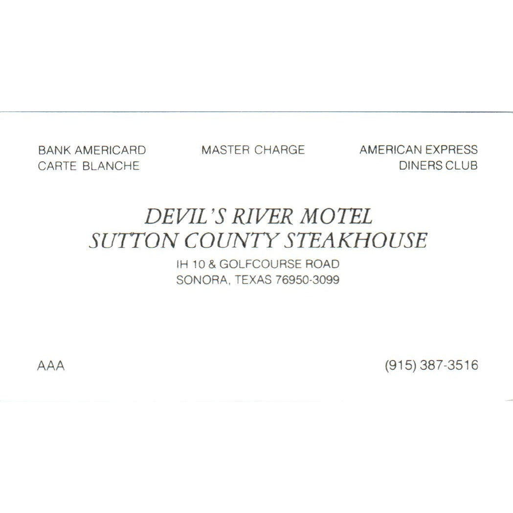 Devil's River Motel Sutton County Steakhouse Sonora TX Vtg Business Card SD8-B8