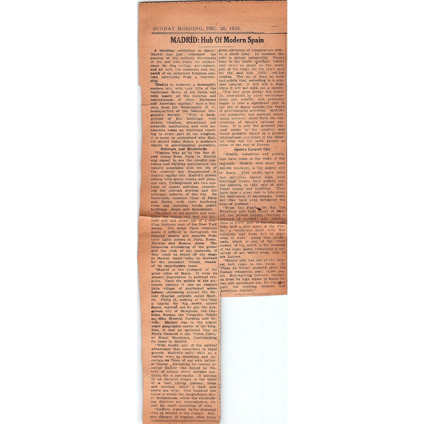 Madrid: Hub of Modern Spain - Dec 20 1925 Newspaper Article AG4-6