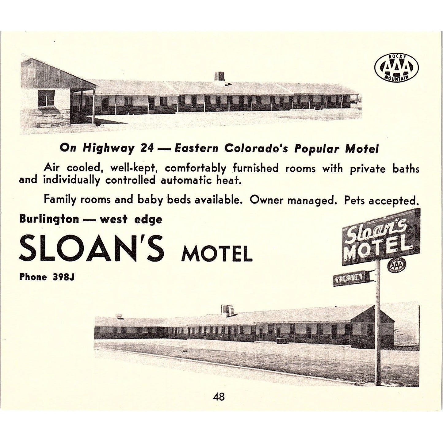 Settle Motel Buena Vista Ed Riffle, Sloan's Motel Burlington CO 1958 Ad AG1-H2