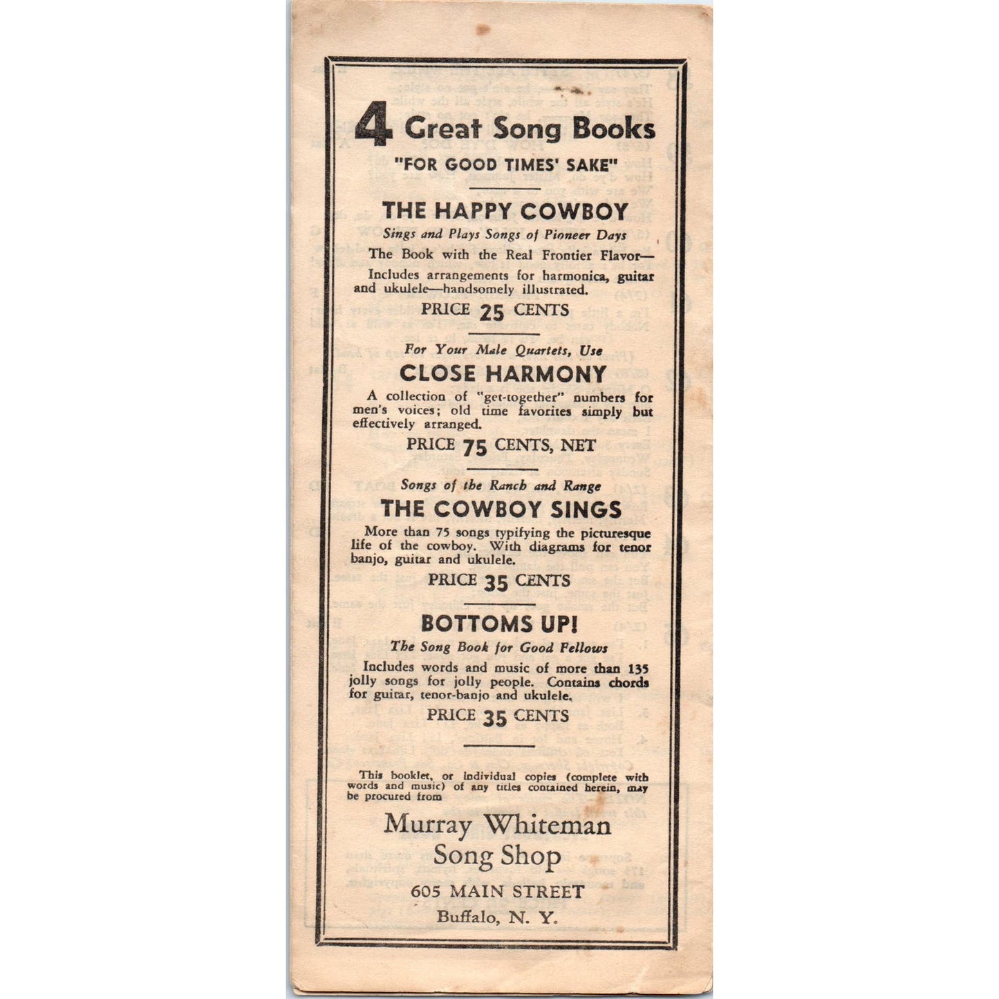 Vintage Pioneer Community Song Sheet Murray Whiteman Song Shop Buffalo NY AE6