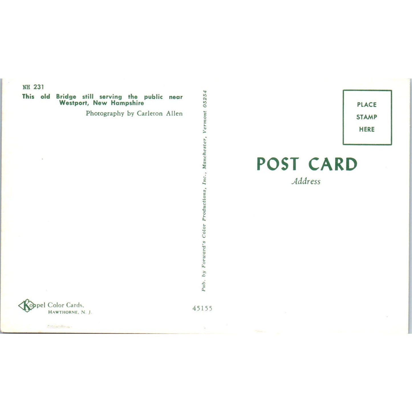 Westport New Hampshire Covered Bridge Postcard PB12