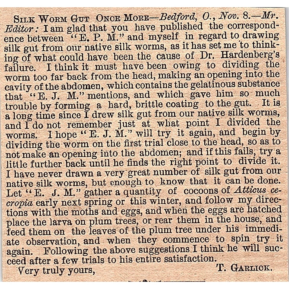 Silk Worm Gut - T. Garlick, Bedford Ohio 1878 Article AG2-H3