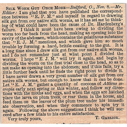 Silk Worm Gut - T. Garlick, Bedford Ohio 1878 Article AG2-H3