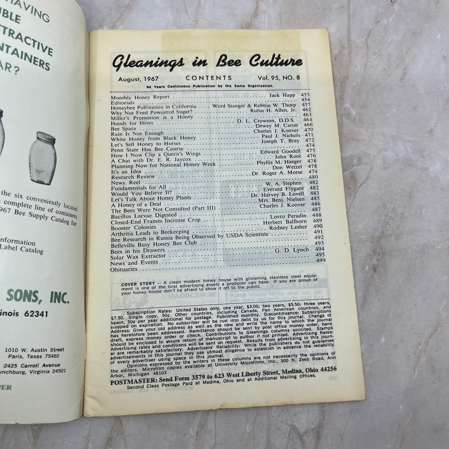 1967 August Gleanings in Bee Culture Magazine Bees Beekeeping Honey TD7