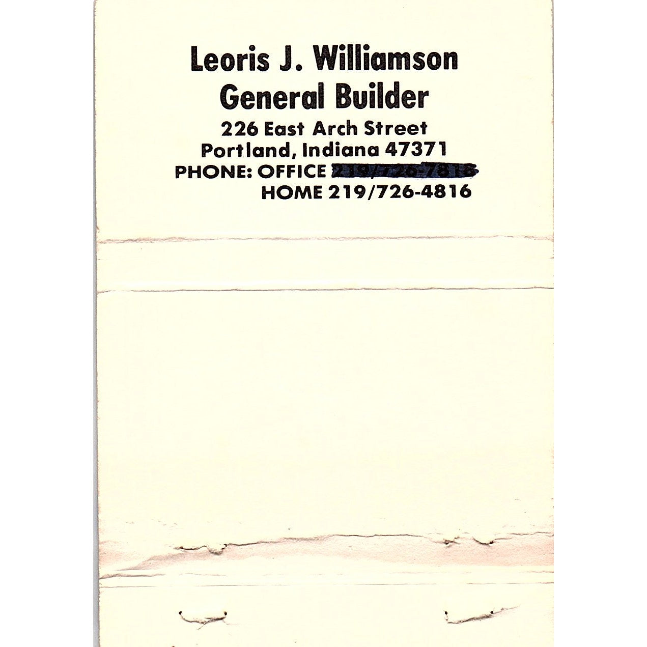 Wausau Homes Leoris J. Williamson Builder Portland IN Vtg Matchbook TB6-MB2-13