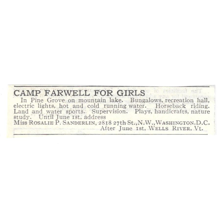 Camp Farwell for Girls Rosalie P. Sanderlin Mountain Lake c1918 Advert AE5-SA9