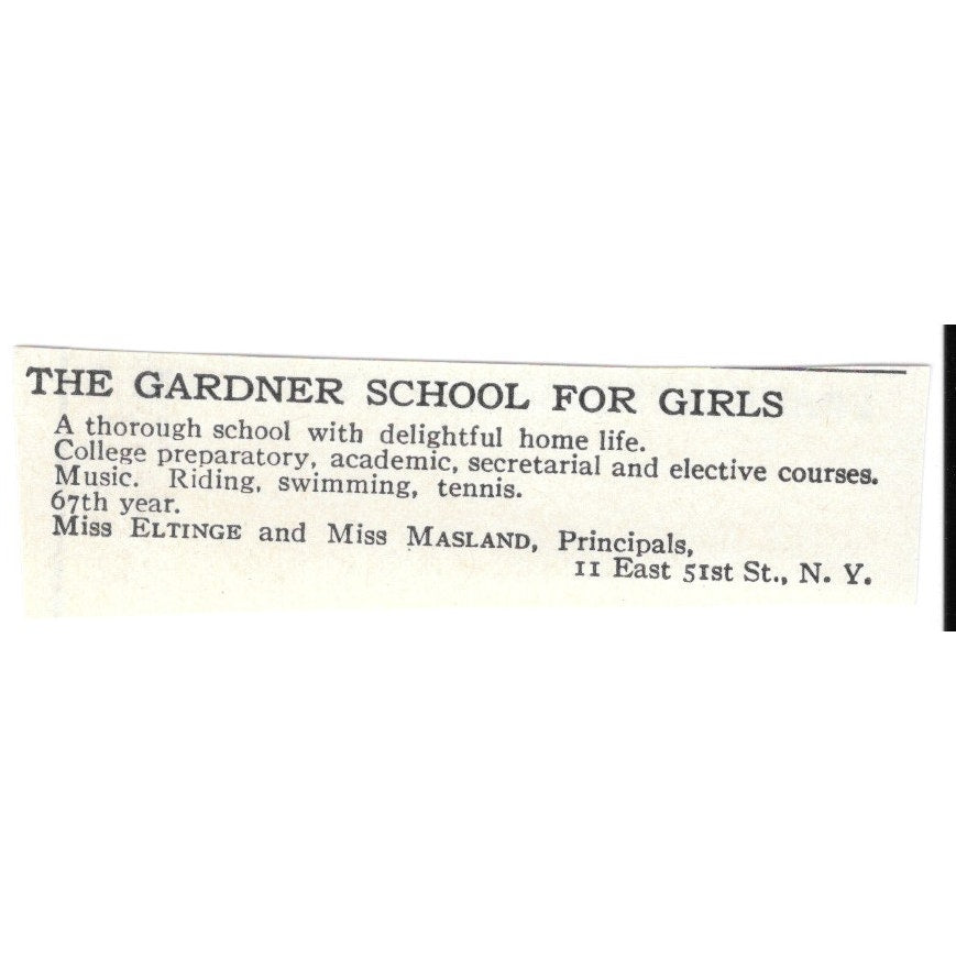 Gardner School for Girls 11 E 51st St, NY Ms Eltinge Ms Masland c1920 Ad SAG4-S3