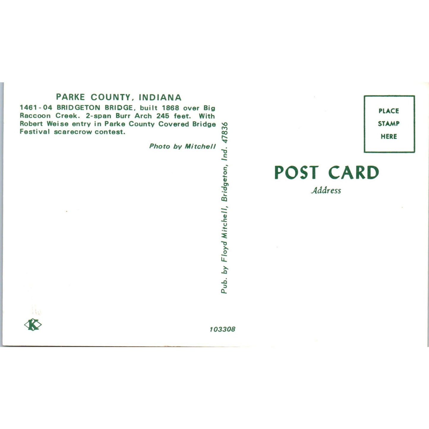 Bridgeton Bridge 1461-04 Parke County IN No8 Vintage Covered Bridge Postcard PD6