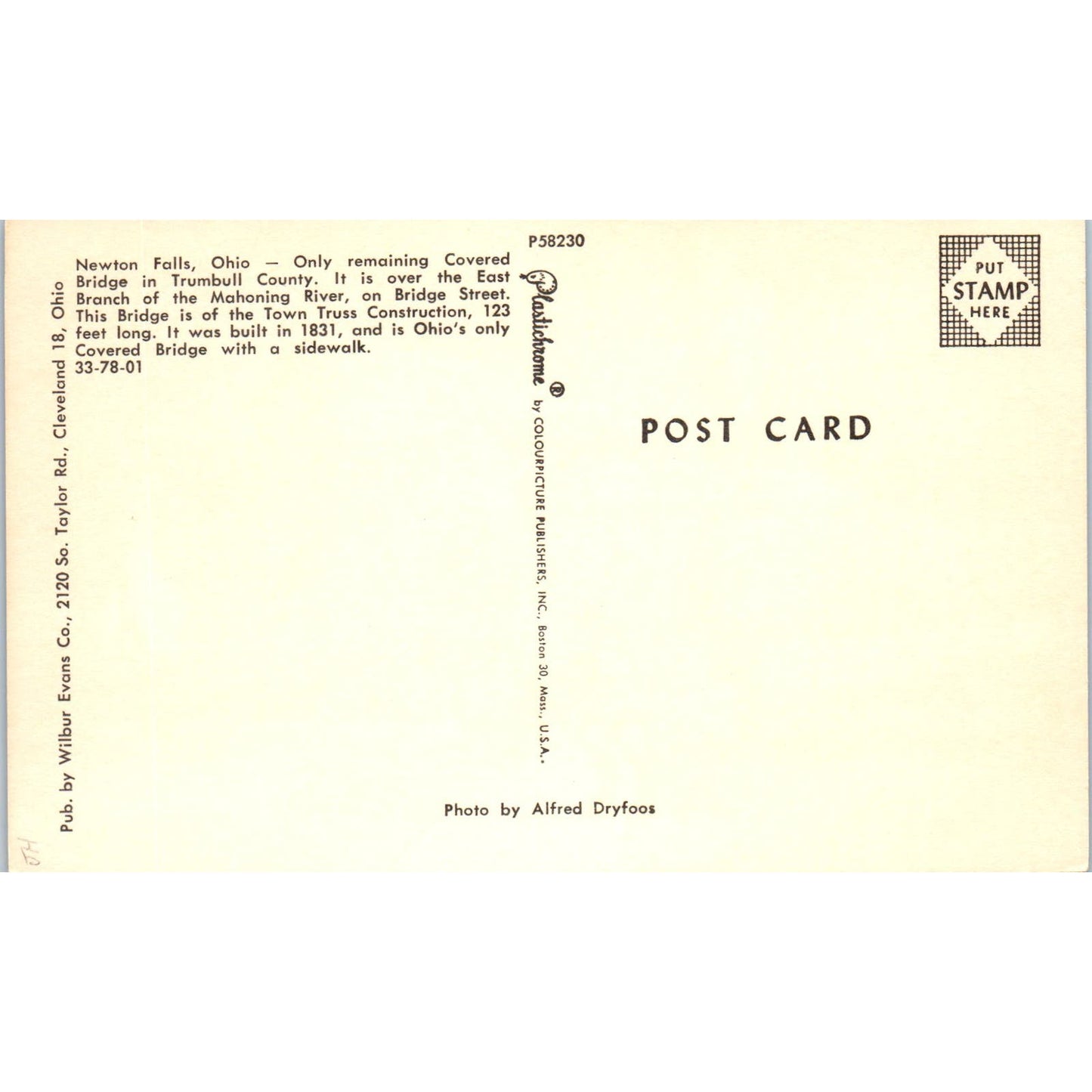 Trumbull County Newton Falls Ohio Covered Bridge Postcard PB10