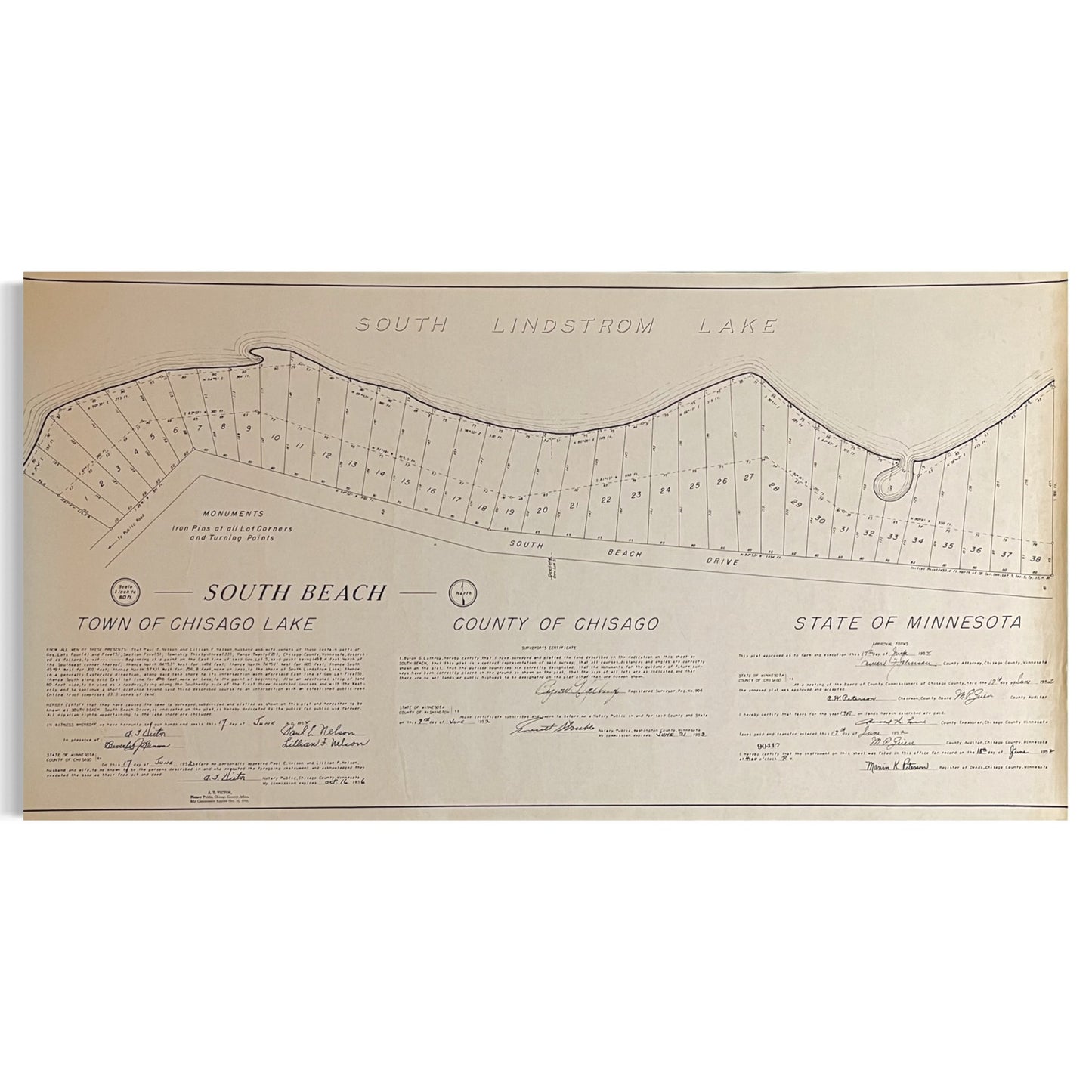 South Beach South Lindstrom Lake Chisago County MN Vintage Plat Map RM1