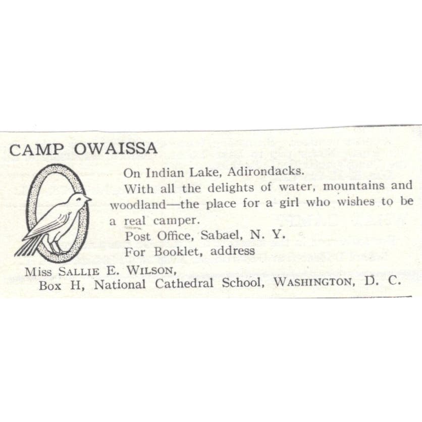 Camp Owaissa Indian Lake Adirondacks Sallie E Wilson c1918 Advertisement AE5-SV2
