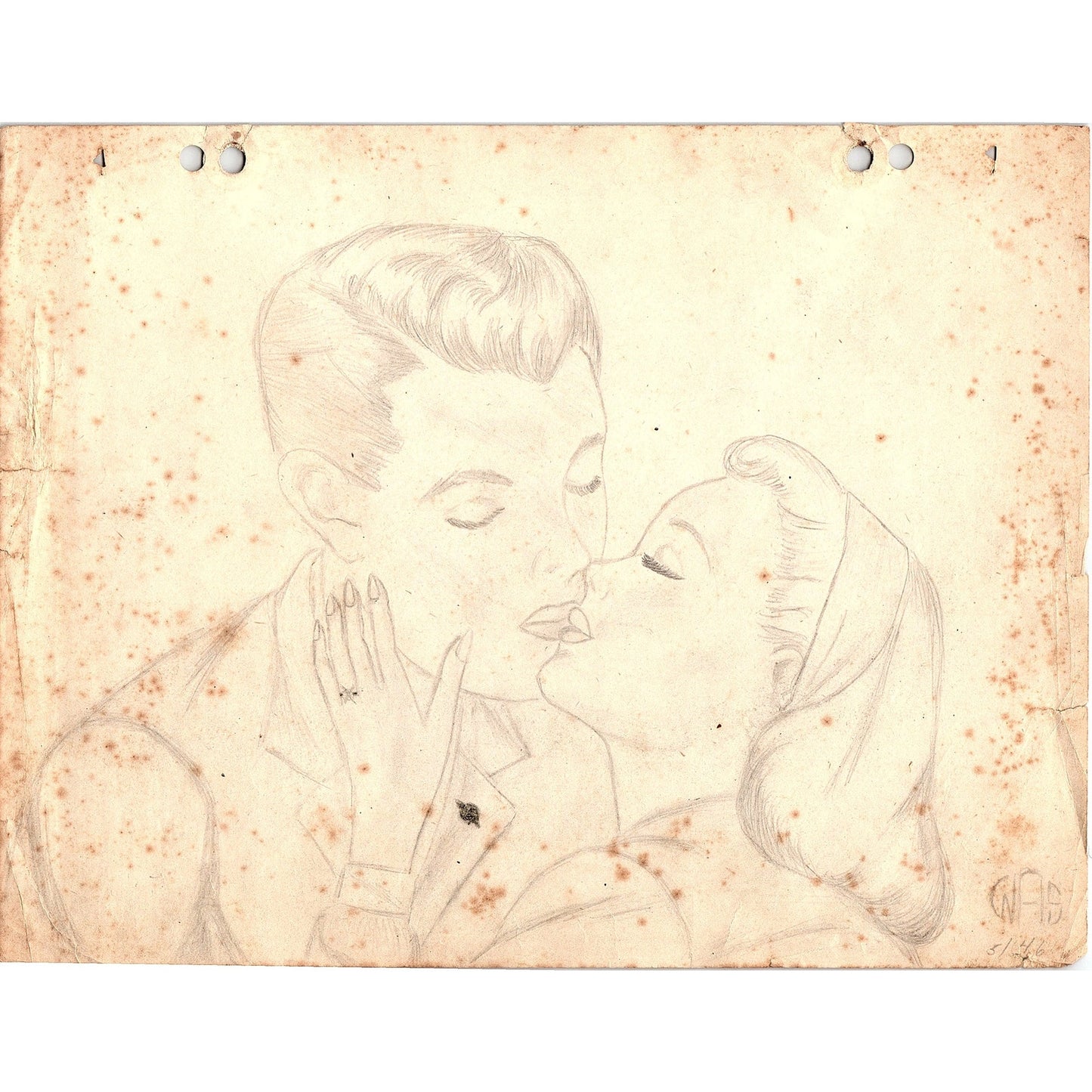 1940s Original Sketch of a Young Man & Woman Kissing Winifred Schutsky D26-21