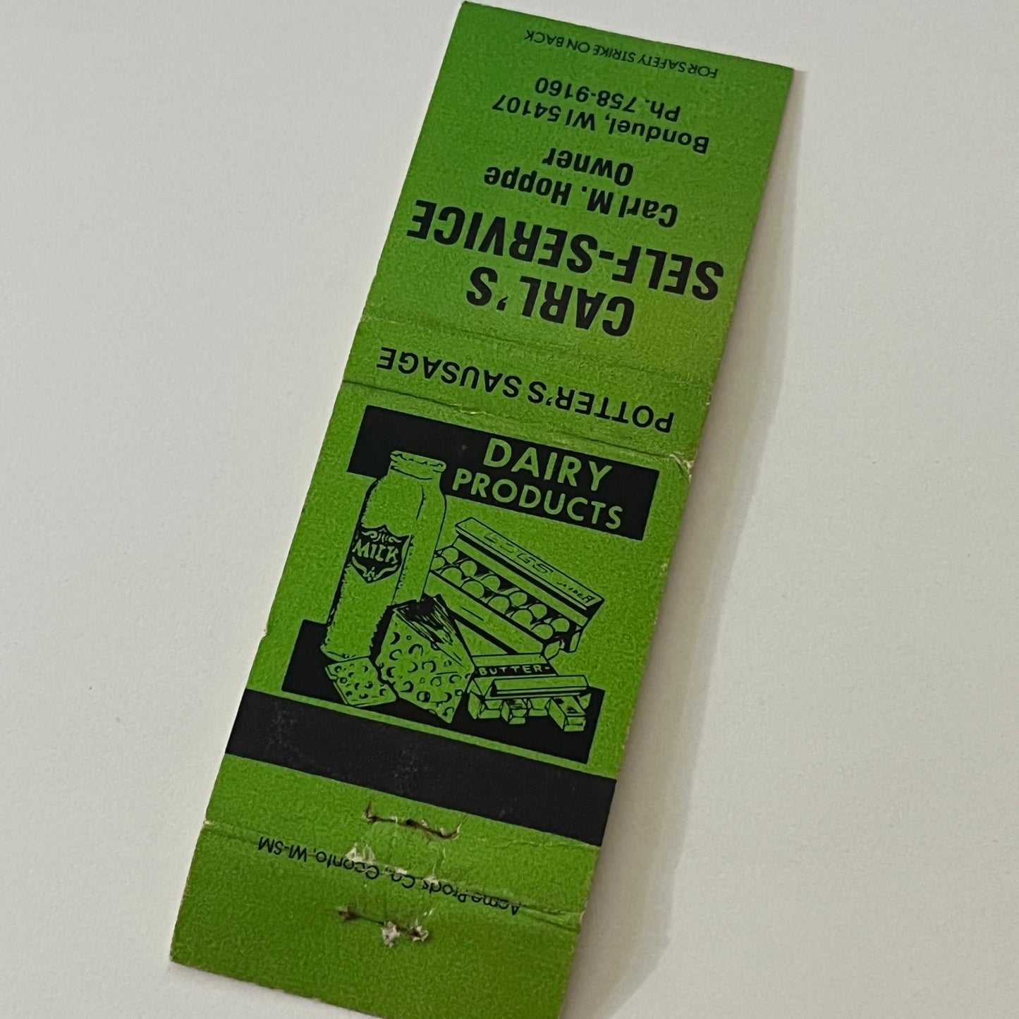 Carl's Self-Service Carl M Hoppe Bonduel WI Vintage Matchbook TB6-MB2-6
