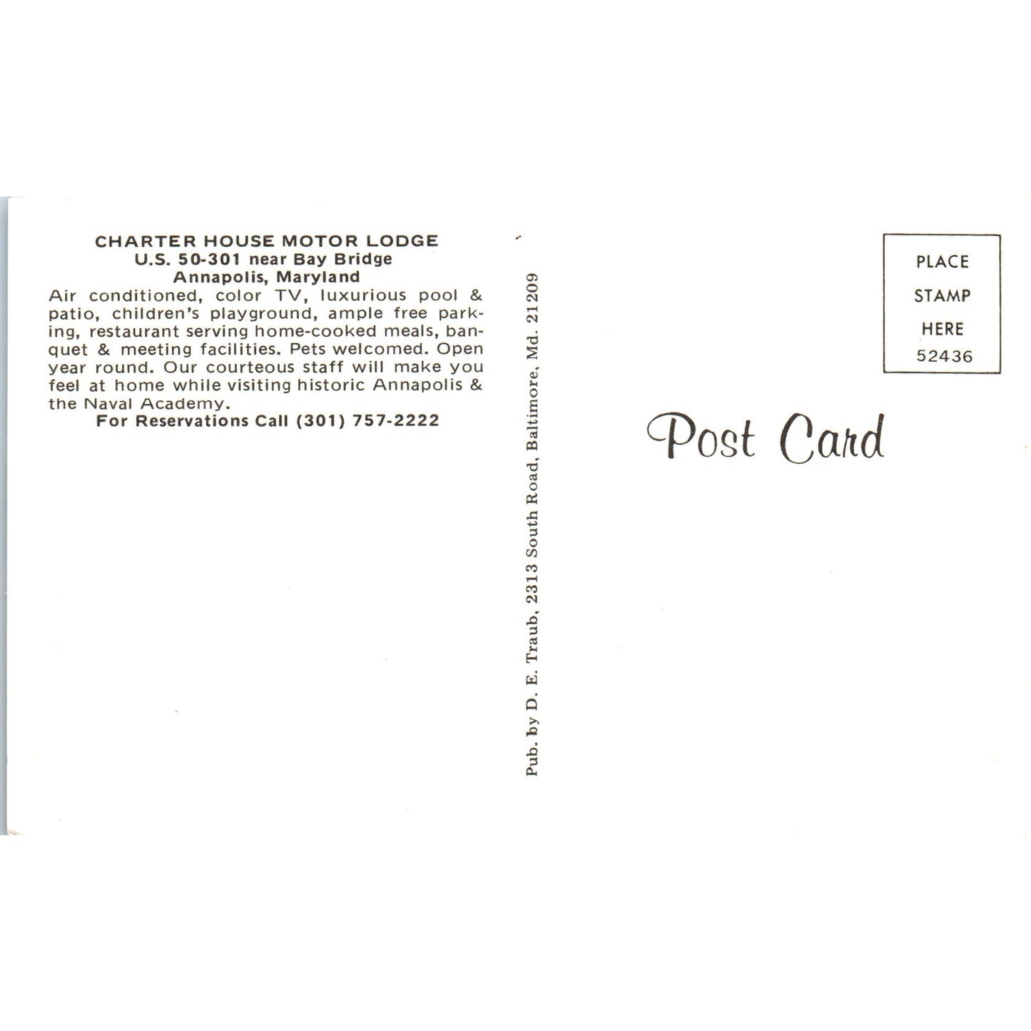 Charter House Motor Lodge Annapolis MD Vintage Postcard PD10