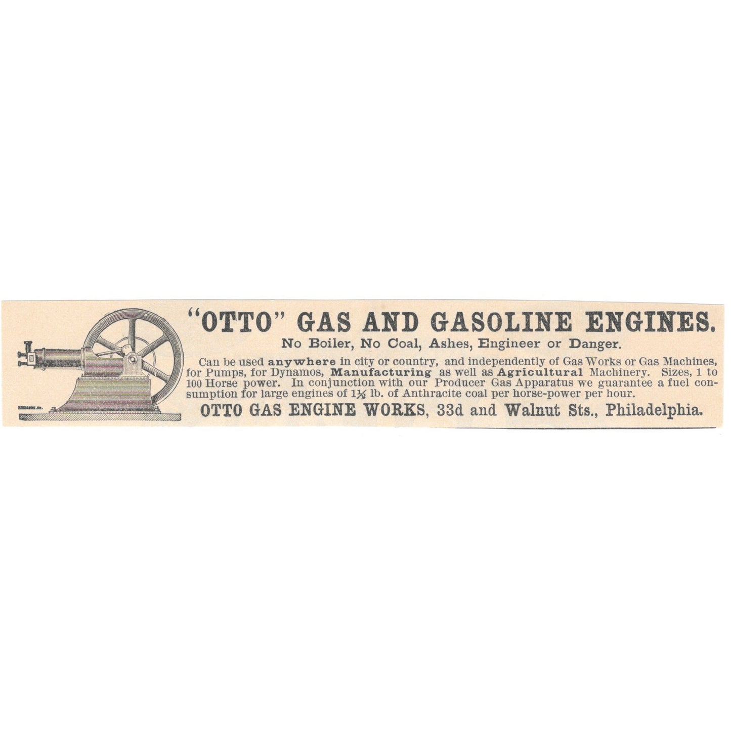 Otto Gas and Gasoline Engines Philadelphia 1892 Magazine Ad AK6-H1