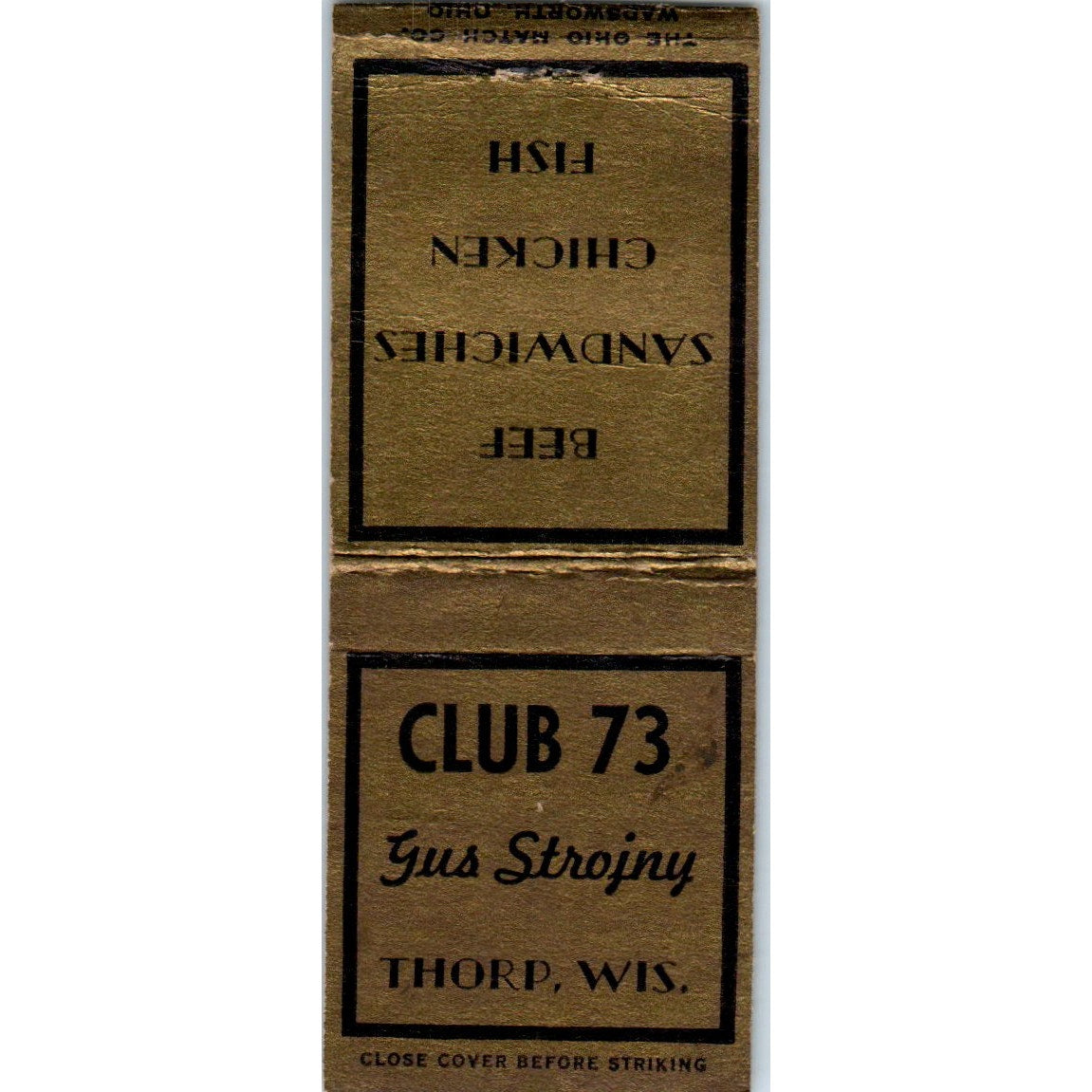 Club 73 Gus Strojny Thorp WI Vintage Matchbook Cover SD4-Y15