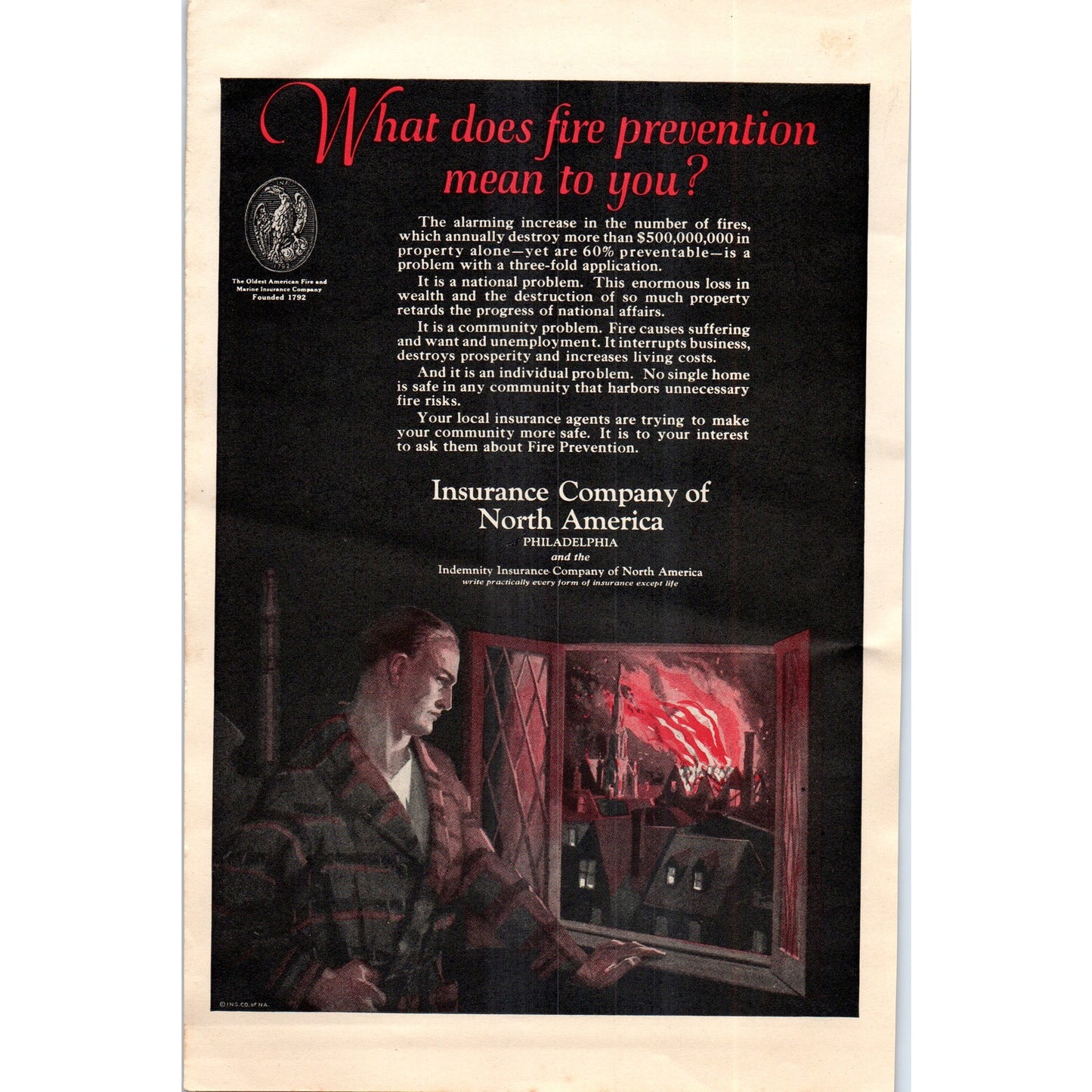 Fire Prevention - Ins Company of North America Philadelphia 1924 Magazine Ad D23