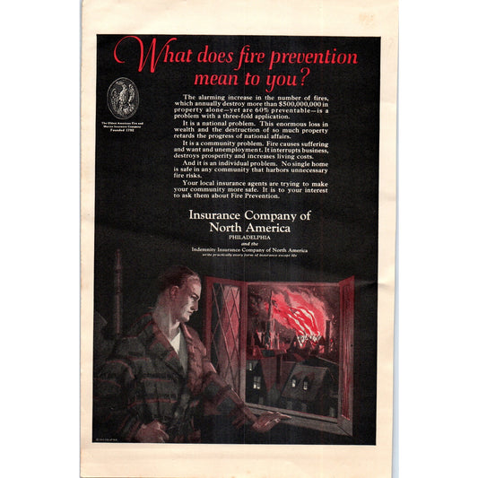 Fire Prevention - Ins Company of North America Philadelphia 1924 Magazine Ad D23