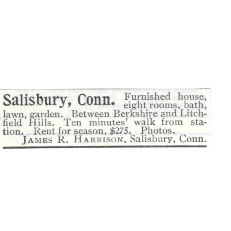 Salisbury CT Furnished Home James R. Harrison 1903 Ad AF8-S42