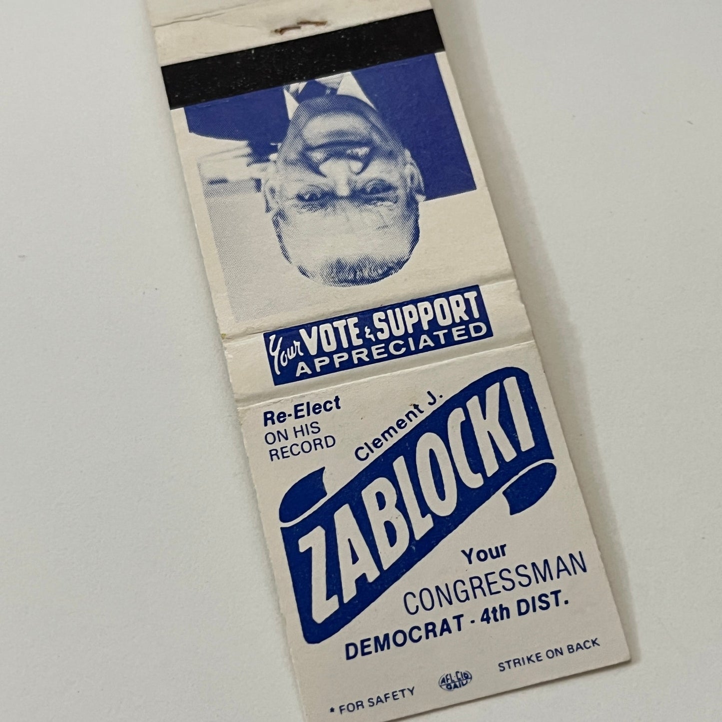 Clement J Zablocki Democrat Congressman 4th District Matchbook Cover TB6-MB2-1
