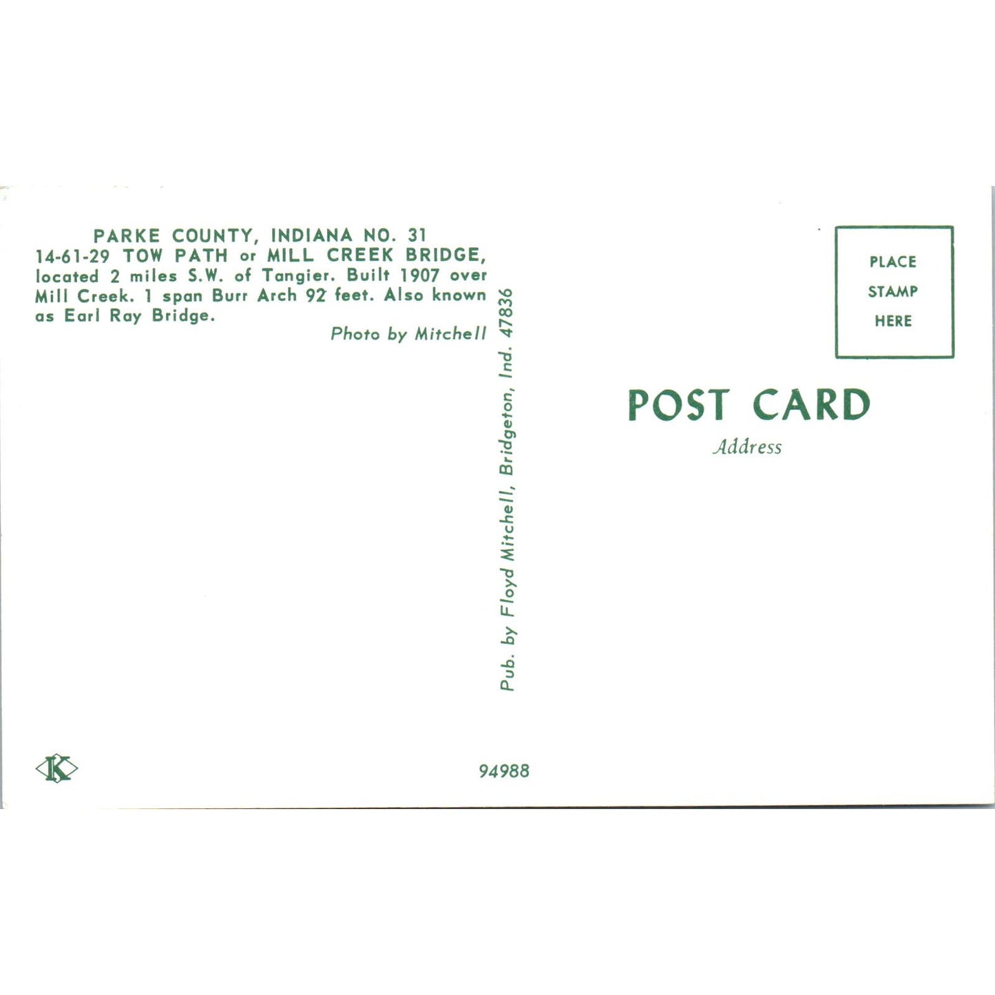 Tow Path Mill Creek Bridge Parke County Indiana #31 Covered Bridge Postcard PB10