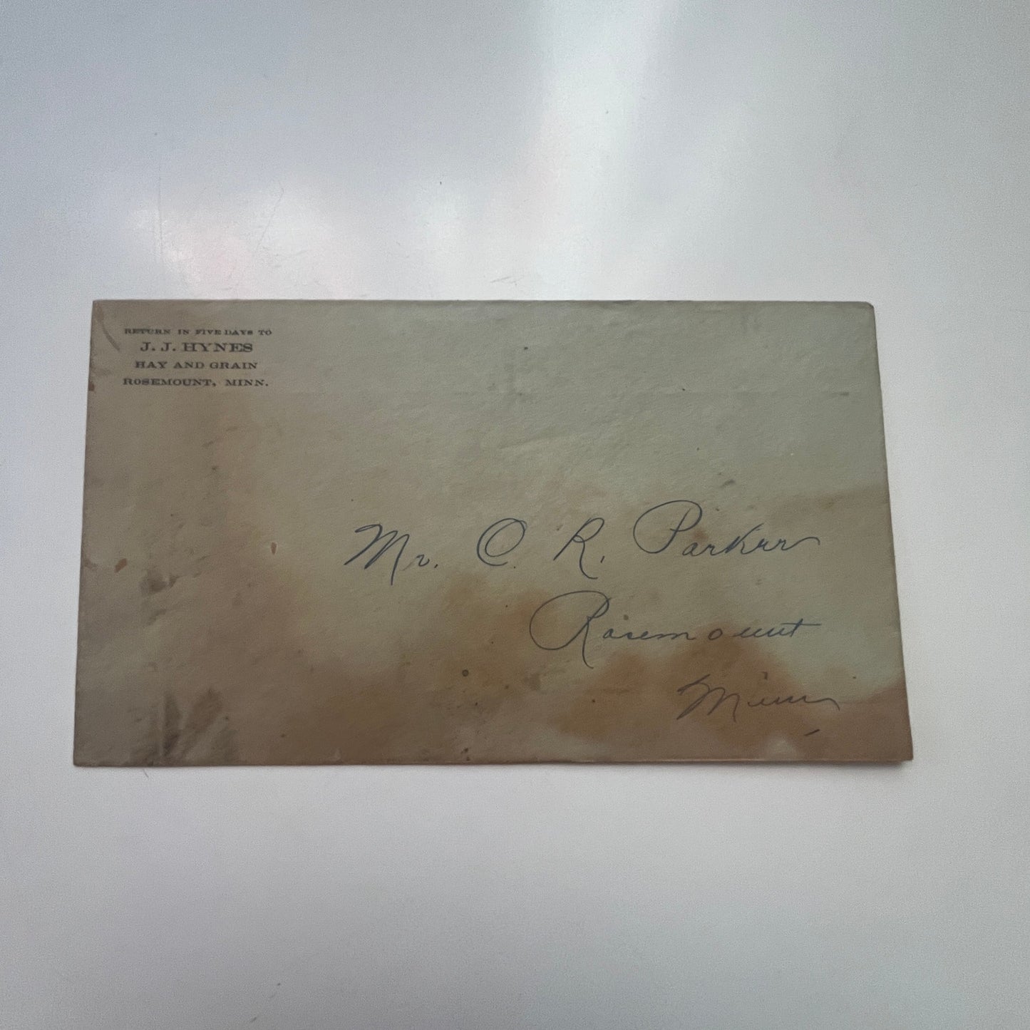 c1910 J.J. Hynes Hay and Grain Rosemount MN Envelope AJ4-H1