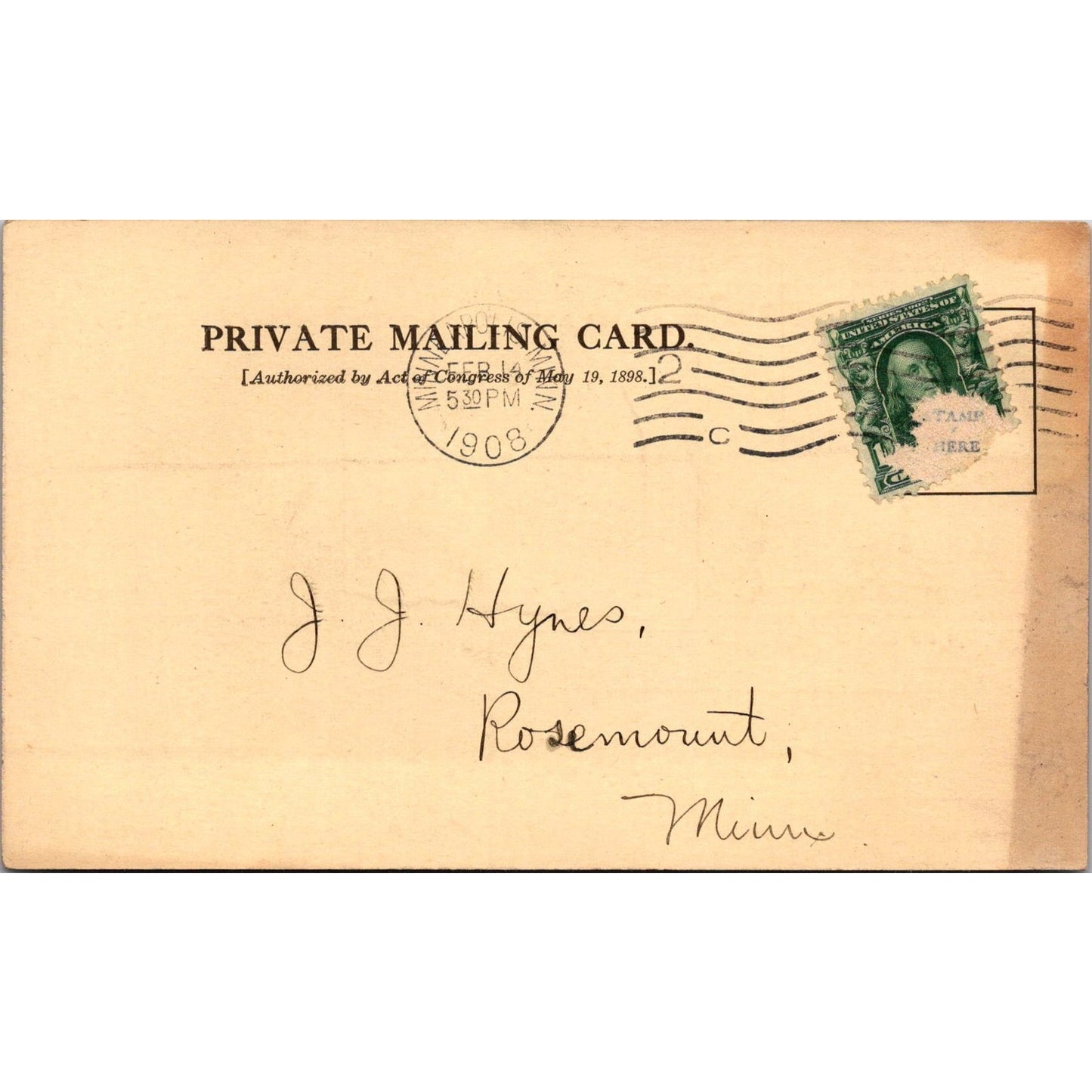 1908 The Security National Bank of Minnesota Postal Mailing Card AJ4-H2